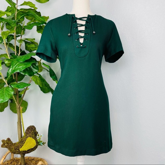 TOPSHOP WOMENS PINE DARK GREEN LACE UP SHORT SLEEVE MINI POCKET DRESS - Picture 1 of 6